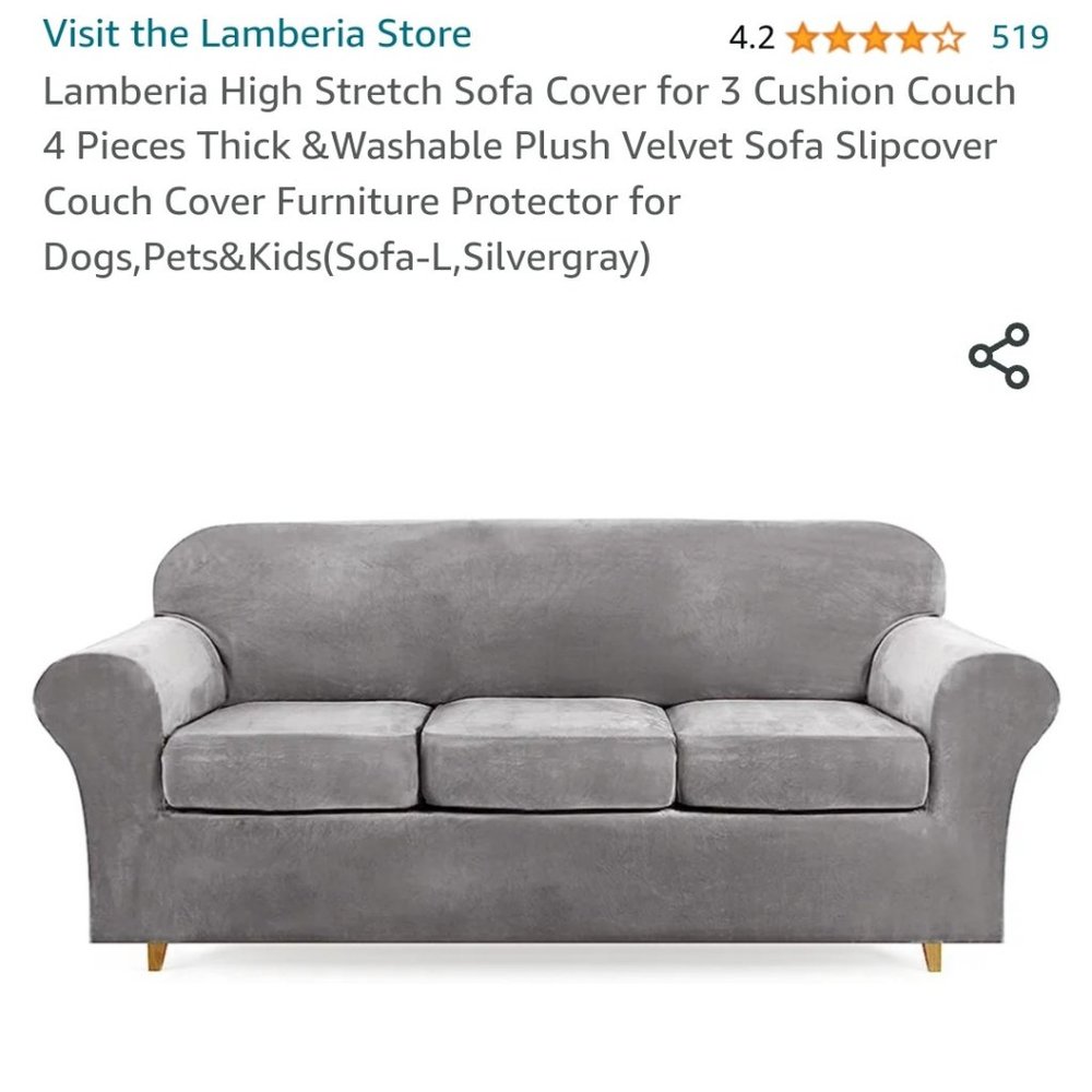 Lamberia Large Silver Velvet 3 Cushion Couch Cover